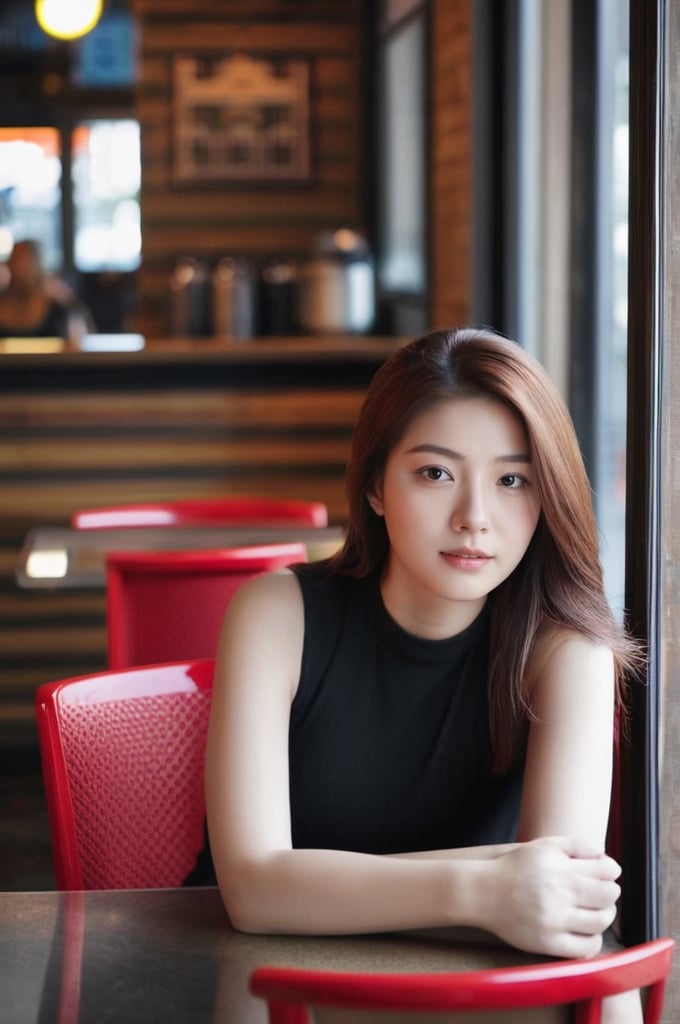 1girl,looking at viewer,cafe,sitting on a chair,