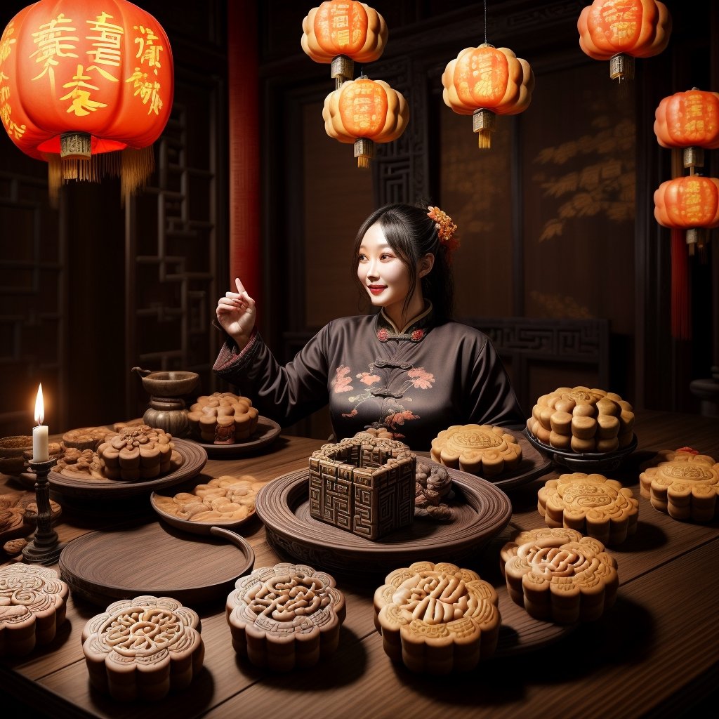 1womanl, 20yr old,((Chinese female celebrity)),The lens is shot from top to bottom,Chinese costumes,Gorgeous,the night,Ancient Chinese architecture,Chinese elements,Wooden dining table,((Mid-Autumn Mooncakes)),candlestick,Candle,lantern,