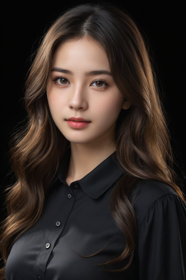 masterpiece, best quality, ultra-detailed, ultra high res, (photorealistic:1.4), raw photo, (realistic:0.2), 8k HDR, realistic lighting, 1girl, solo, looking at viewer, long wavy hair, (detailed oily skin), black eyes, (detailed face), (simple black background:1.1), (upper body:1.2), collared black shirt