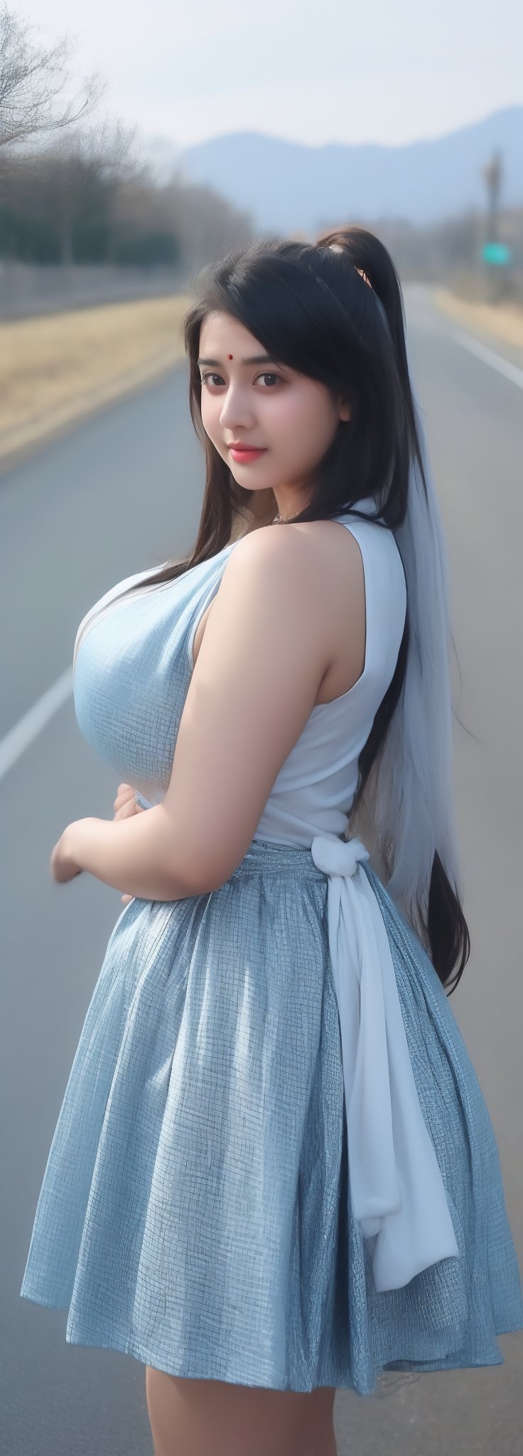 lovely  cute  young  attractive  indian  teenage  girl  in  a  pretty foreign dress,  23  years  old  ,  cute  ,  an  Instagram  model  ,  long  blue_hair  ,  winter  ,  on the road  .  ,  „  Indian 