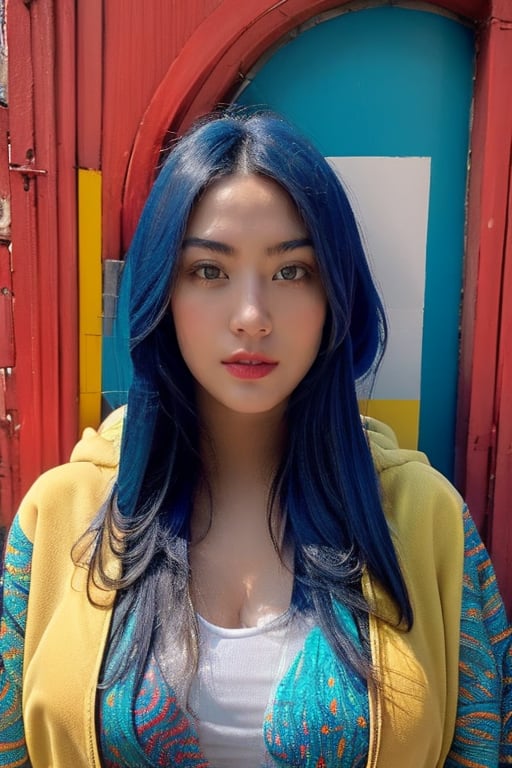 A stunning portrait of a young woman dressed in a vibrant, multicolored hoodie with swirling patterns of blue, orange, and teal. Her long, flowing hair cascades down her shoulders, complementing the intricate design of her outfit. The background mirrors the psychedelic patterns of her attire, creating a seamless, mesmerizing effect. The woman's expression is calm and confident, her gaze directed towards the viewer. The overall scene exudes a sense of bold, artistic flair and modern fashion.