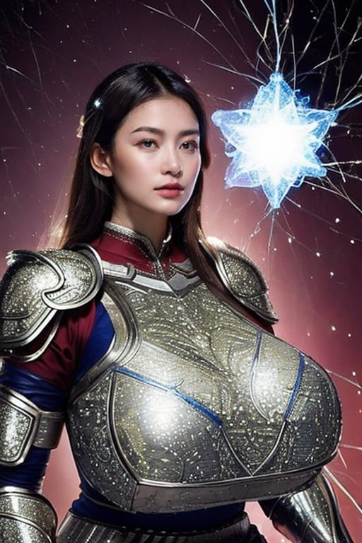 (goddess,venus,iron woman),busty,(Intricate luminous armor design:1.2),white plasma electromagnetic shield,crystal and silver entanglement,Star flash,(Persian Paisley clothes),glowing forehead