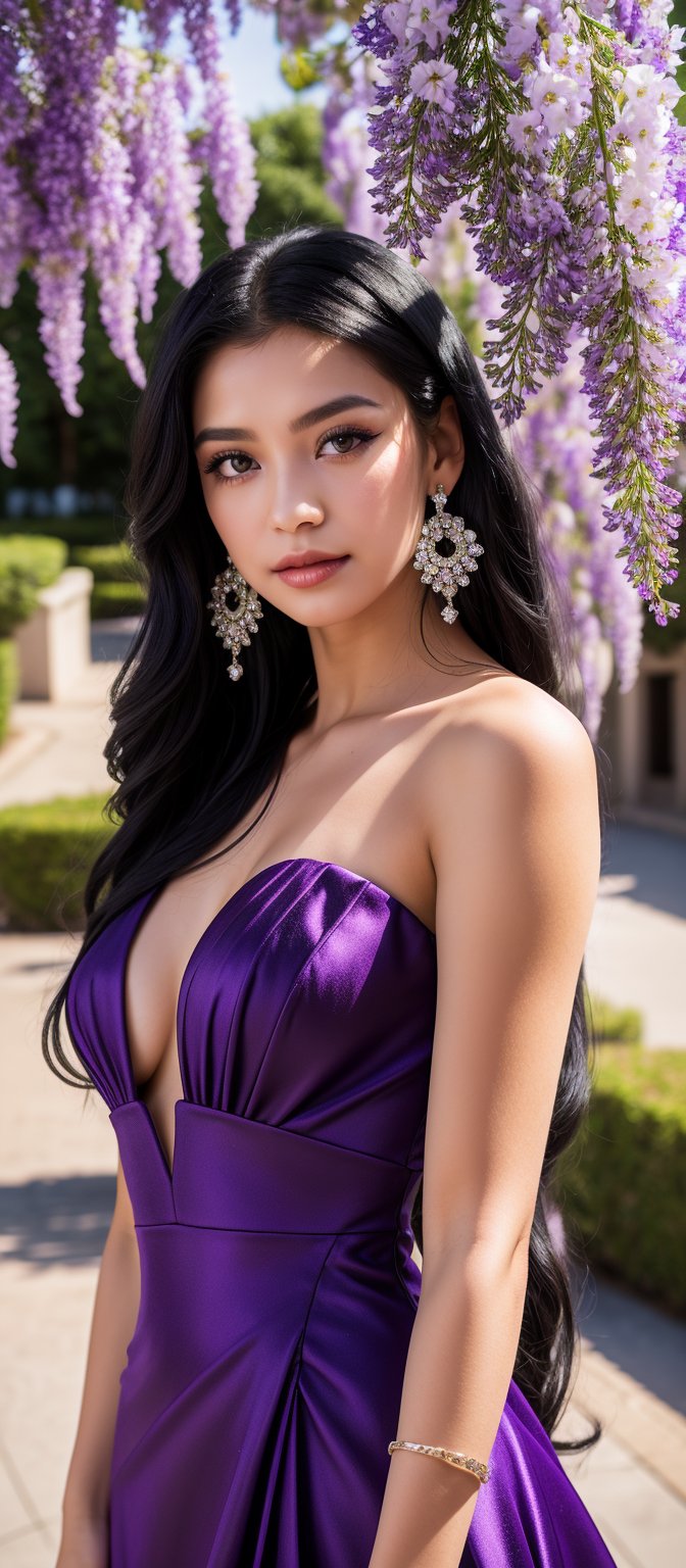 1girl, solo, long hair, black hair, hair ornament, dress, jewelry, purple eyes, flower, earrings, purple dress, purple flower, wisteria