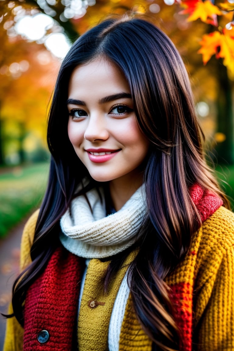 cloesed lips, cute smile, (masterpiece, best quality), 1girl, Cozy Autumn themed Walk, nature walk, Autumn day, flora, beautiful lighting, Autumn colors, Autumn elements,


more detail, 