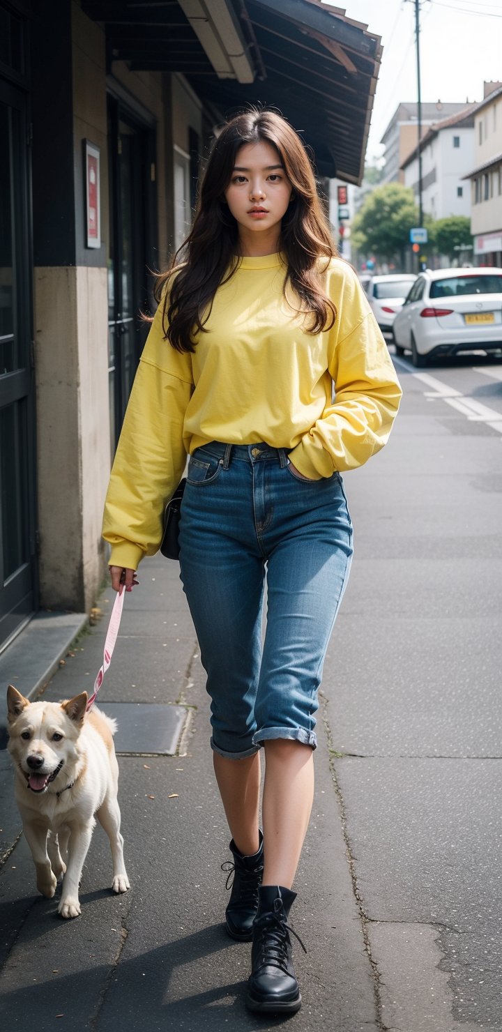 beautiful cute young attractive indian teenage girl, village girl, 18 years old, cute, Instagram model, long yellow_hair, colorful hair, warm, dacing, She is going for a walk with the dog.