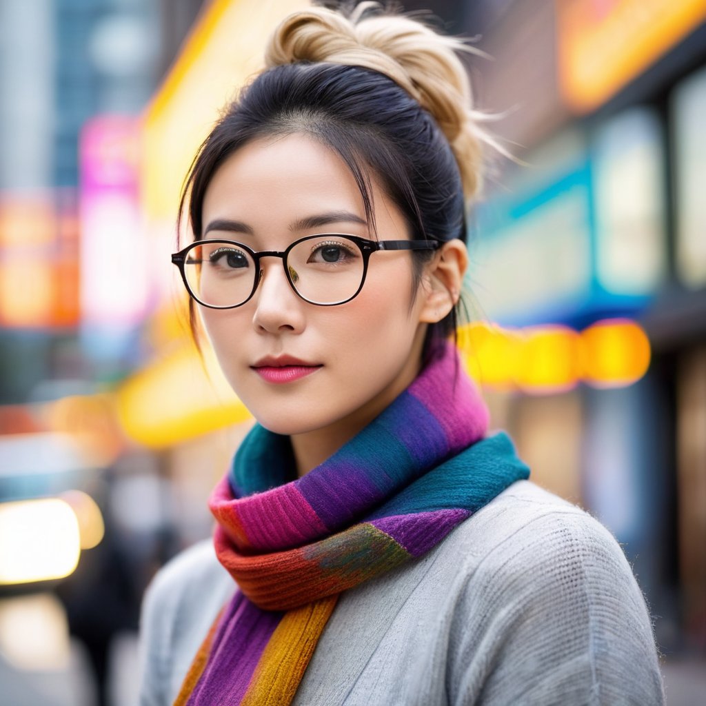 Portrait of Yuko, an (muscular: 1.4) Asian woman with blond-dyed hair in a bun, wearing a cozy sweater, a colorful scarf around her neck, and stylish glasses. The portrait captures her from the shoulders up, showcasing her civilian identity. Her expression is soft and approachable, with a hint of a smile. The background is a neutral, blurred setting to keep the focus on her face and attire. The image should be detailed and realistic, emphasizing her unique features and stylish look.
