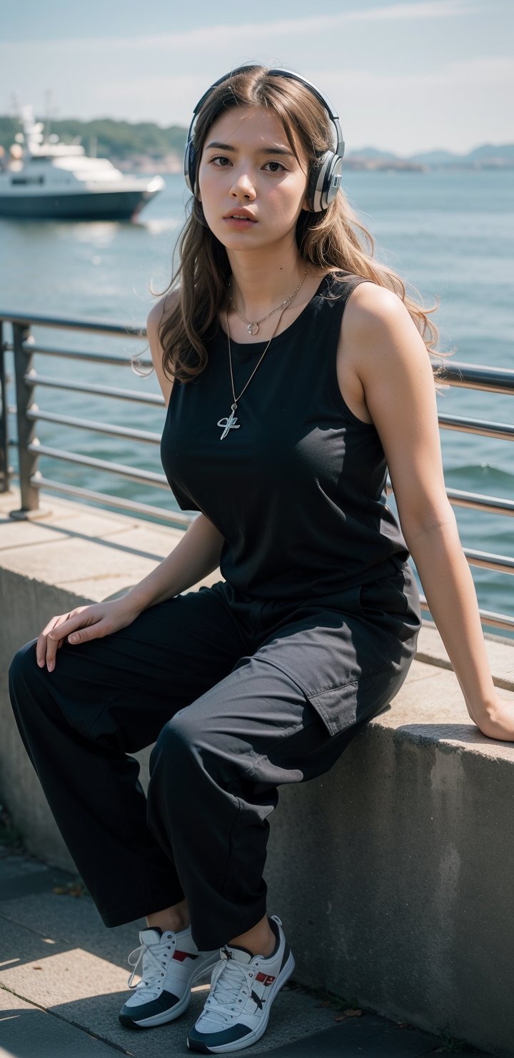 French girl,grey blonde hair(very long hair, curly_hair),hiphop dancer,wearing all black clothes (loose fit top and wide cargo pants),sneakers,headphone, sitting at sea bank,horizon,seaside,accessories(necklace,ear_rings),Best Quality, 32k, photorealistic, ultra-detailed, finely detailed, high resolution, perfect dynamic composition, beautiful detailed eyes, sharp-focus, cowboy_shot, 