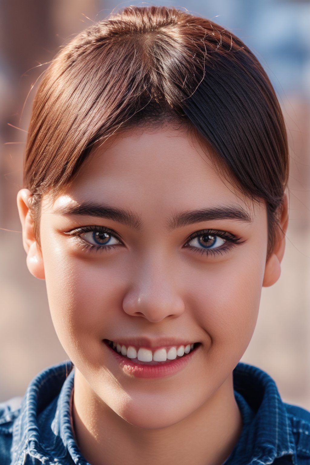 1 20 years old teenager girl, wear check shirt,  and jeans, handsome face, perfect eyes, perfect face expression, cute smile, realistic ,photo of perfecteyes eyes