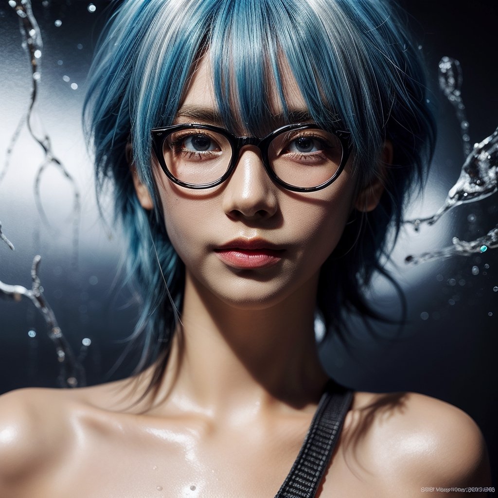 masterpiece, best quality, 8k,masterpiece, (masterpiece, best quality, high resolution), Color paint background（(acrylic paint, (splash of color, splash ink, splash of color)） ,  Detailed skin texture, Detailed fabric texture, beautifull detailed face, intricate details, Super detailed, Portrait of Rei Ayanami, blue hair, blue eyes, wear glasses（focus）,head tilt,super huge 