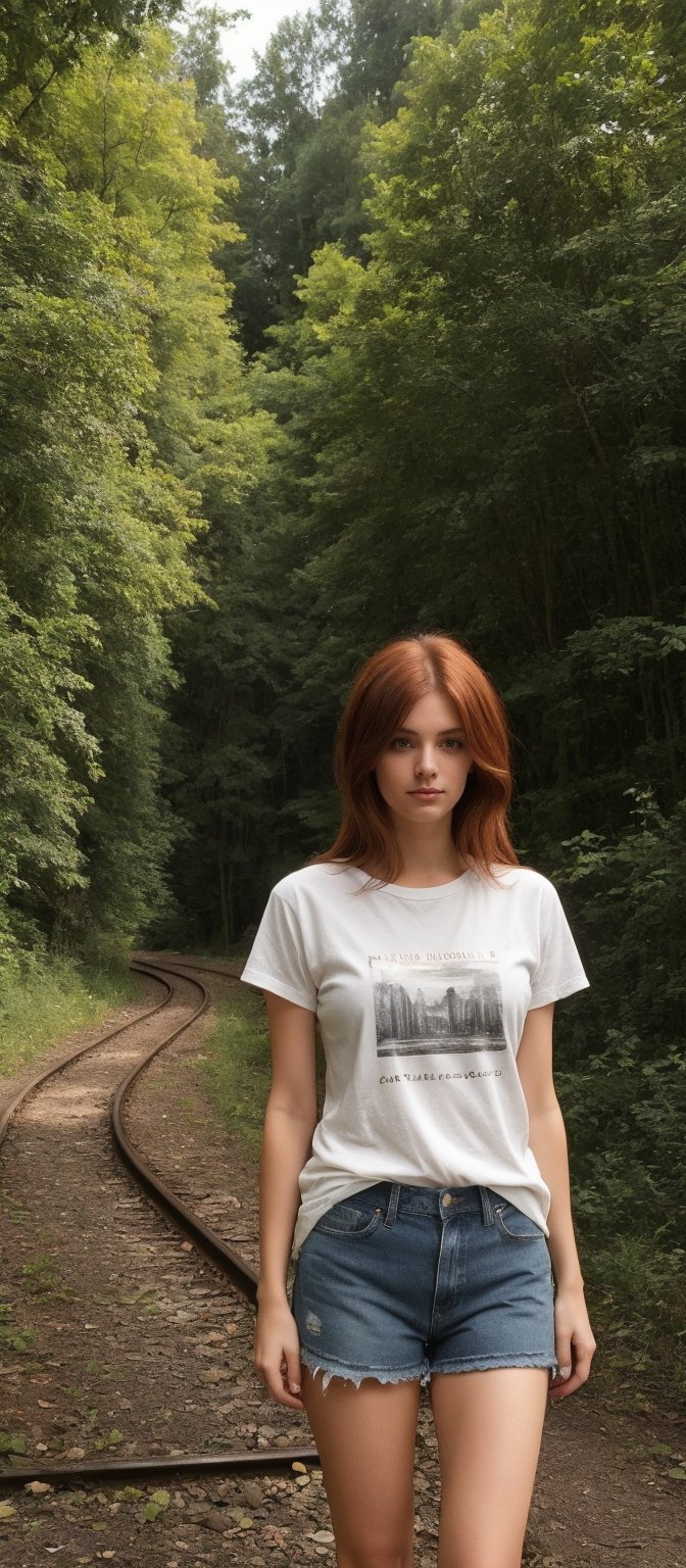 Generate hyper realistic image of a woman with medium length, auburn hair that has a natural, slightly tousled look. The lighting highlights the warm tones in her hair. Her eyes are bright green and expressive. She is wearing a casual t-shirt with a trendy, edgy design. The t-shirt has a comfortable, slightly loose fit. She also wears a denim shorts, slightly distressed and sneakers. She is standing in an old, unused railway track surrounded by nature. The tracks stretch into the distance.