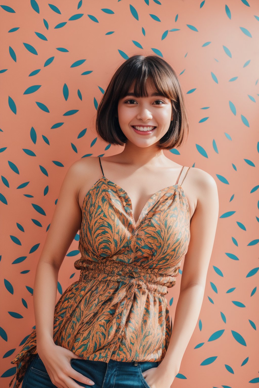 a flat lineart of a young beautiful woman leaning against colorful wall printed botanial patterns at pop-style Private Rooms,kind smile,bangs,messy short-bob,detailed realistic dark clothes,soft tone,only in four colors,a ncg,Illustration