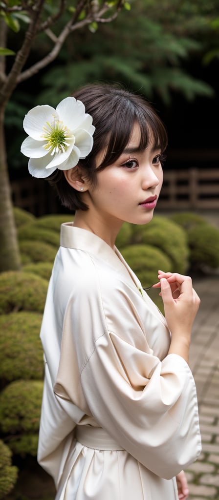 1girl, solo, looking at viewer, short hair, bangs, brown hair, hair ornament, brown eyes, upper body, flower, outdoors, parted lips, japanese clothes, hair flower, kimono, lips, sash, watermark, white flower, nose