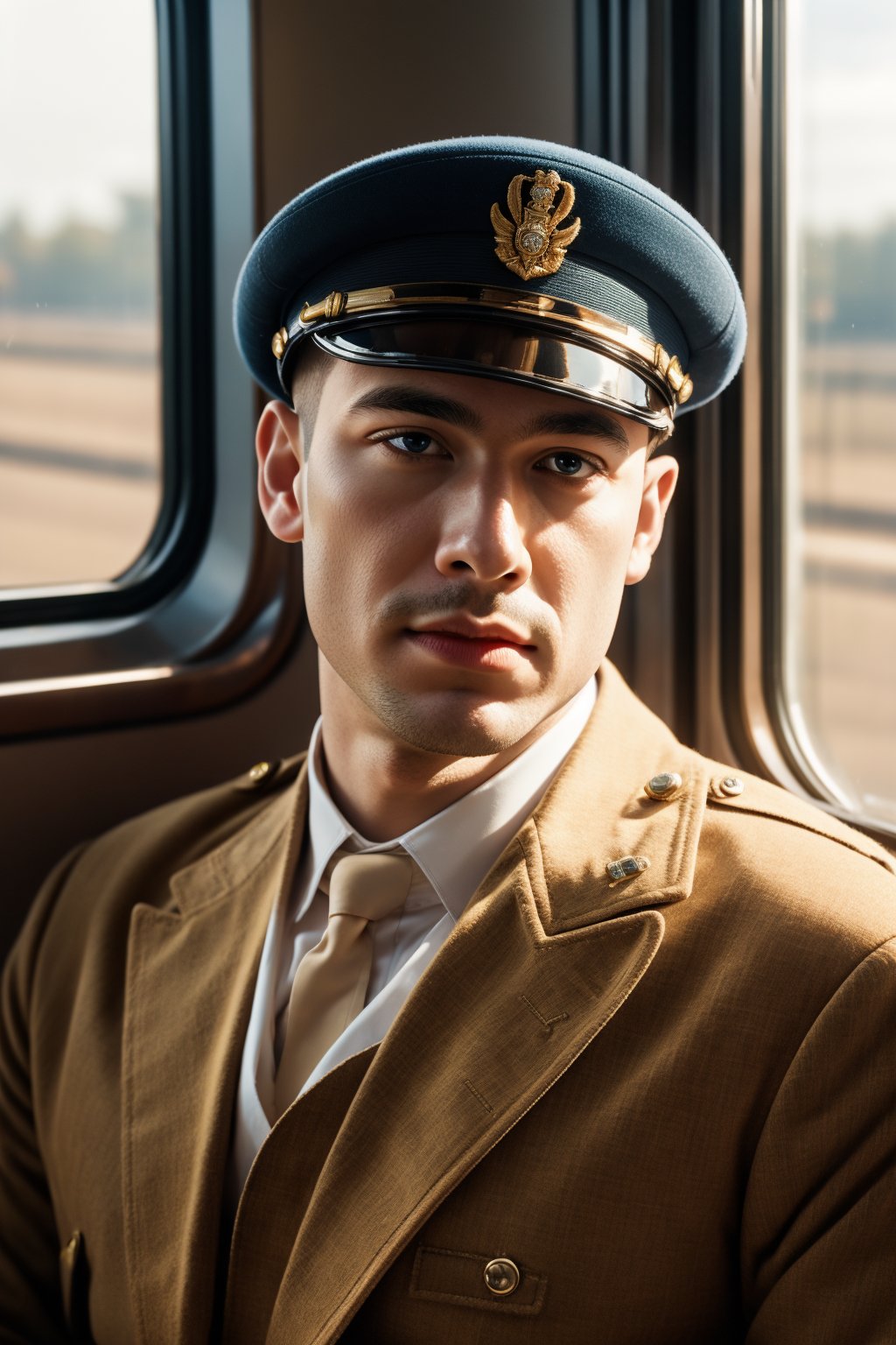 close up shot, solo, 1boy, male focus, young, handsome, full lips, WW2 soldier cap, ground vehicle, realistic, train interior, looking through the train window, 1940s style setting, (high detailed skin:1.4), 1940s soldier uniform, 4k ultra hd, smooth picture, noise-free realism, sigma 85mm f/1.4,photorealistic