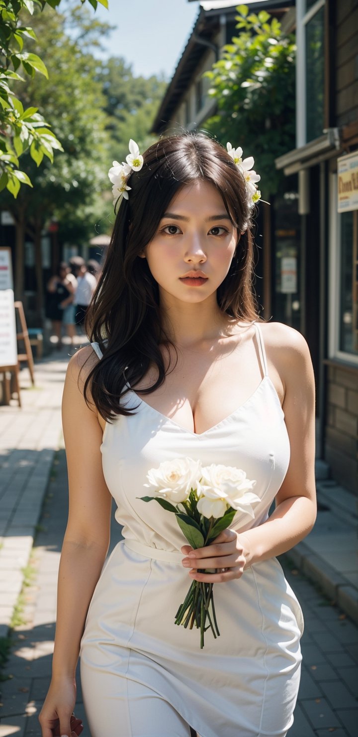 Beautiful girl holding flower village 