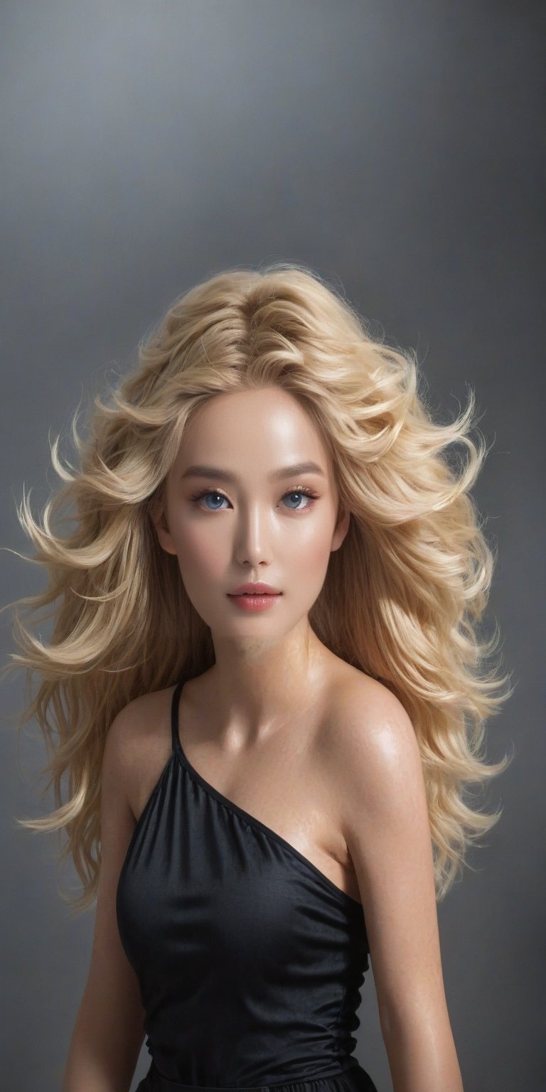 ((Generate hyper realistic half body portrait of  captivating scene featuring a stunning 20 years old girl,)) (((full body,))) with medium long blonde hair,  flowing curls, little smile, donning a black mini dress, piercing, blue eyes, medium chest, photography style , Extremely Realistic,  ,photo r3al