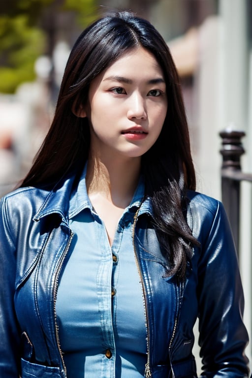 (masterpiece), (extremely intricate:1.3), (realistic), entered, award winning upper body digital art, (hyperelistic shadows), masterpiece, | korean, tight blue jean, open leather jacket, | city, sea, bokeh, blurred background, depth of field 