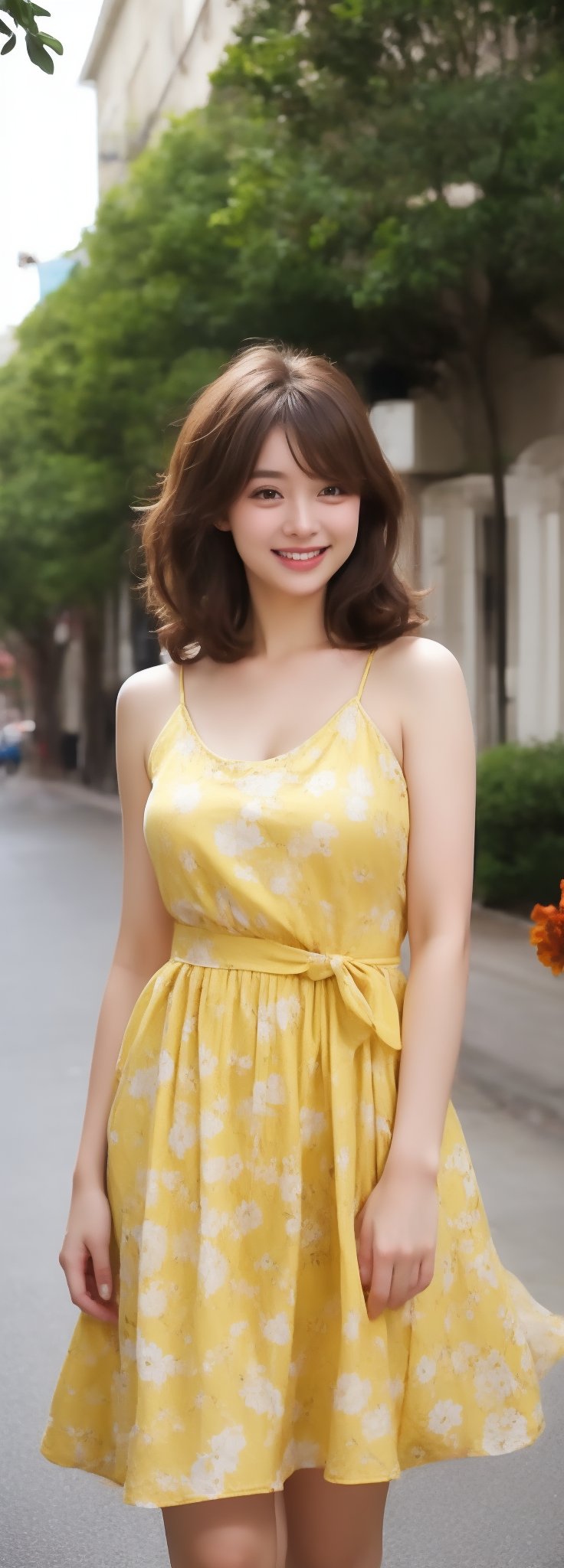 a beauty girl with short_curly 
year <20 years old>
brown_hair
curly_hair
small_body
smiling to viewer
dressed in a yellow dress with flower print,Pixel art
brown_eyes
scenary