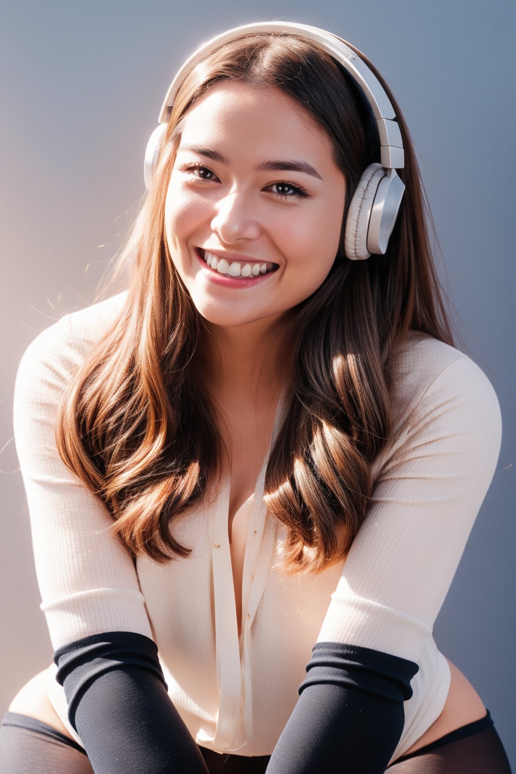 warm light room Beautiful woman with silver long hair against a grey background.over-the-ear headphones Smile,black tights top,Girl, smile, very happy