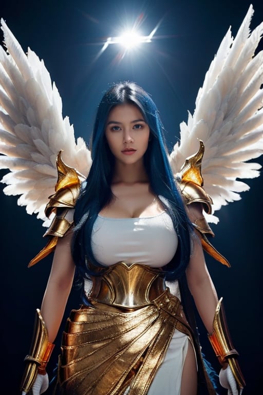 triumphant angel girl, roccoco irridescent fallen angel, cute young angel girl, reah, long blue hair, white large wings, paradise, angel beaty, beatiful, 8k, oktavian render, high quality, masterpiece, dynamic pose, hot girl, praising, dark background, nimb, cinemathic scene, shiny, an angel wearing gold and silver crystal armor, heaven background, glowing halo around head, white feathered wings, centered key visual highly detailed breathtaking beauty precise lineart vibrant comprehensive cinematic, dynamic pose, best quality, 8k, golden hour,angel_wings