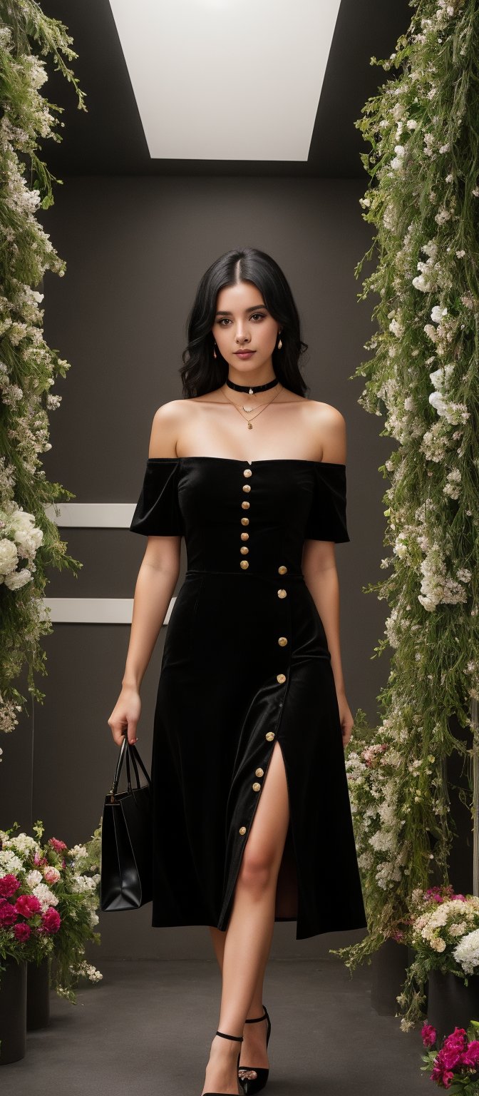 Generate hyper realistic image of a woman with sleek, straight black hair that falls just above her shoulders. The hair is styled to frame her face elegantly, with a few strands casually falling. She is wearing an off-the-shoulder, form-fitting black leather dress. The dress is adorned with gold buttons down the front and features high slits on both sides. She is standing confidently, with one hand holding a black shopping bag filled with flowers. She is is wearing a black choker necklace with a small pendant and wearing high-heeled shoes that match her dress. The background is dark, an indoor setting with minimal lighting.