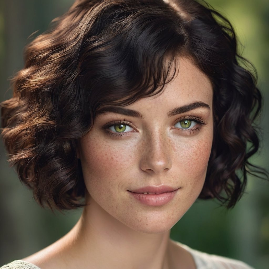 Generate hyper realistic image of a photorealistic portrait of a woman with short black wavy hair, a subtle smile, and freckles. Her green eyes should catch the soft natural light, emphasizing the simplicity of her makeup.