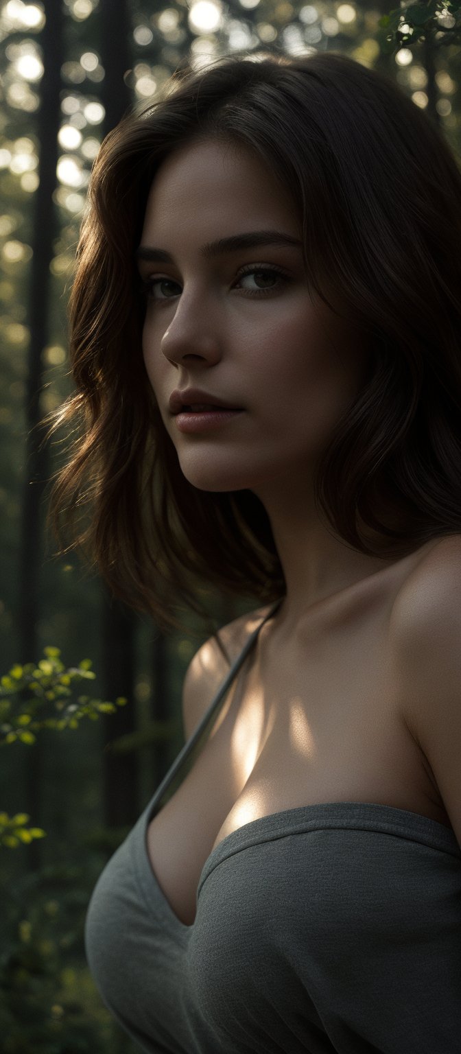 close up full portrait of woman, brown hair, forest background, realist, best detailed, details, realist skin, skin detailed, natural skin texture, 24mm, 4k textures, soft cinematic light, RAW photo, photorealism, photorealistic, intricate, elegant, highly detailed, sharp focus, ((((cinematic look)))), soothing tones, insane details, intricate details, hyper detailed,1girl