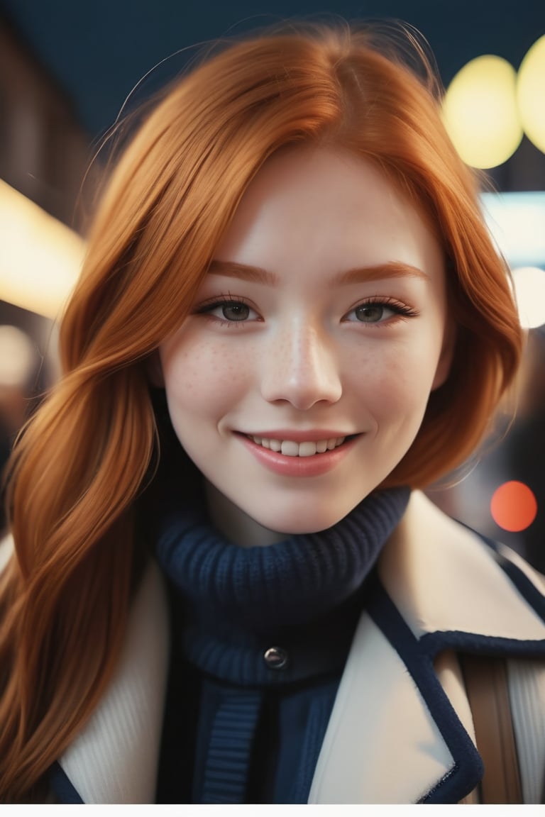 closed lips, cute smile, cinematic photo (art by Mathias Goeritz:0.9) , photograph, Lush Girlfriend, Tax collector, Rich ginger hair, Winter, tilt shift, Horror, specular lighting, film grain, Samsung Galaxy, F/5, (cinematic still:1.2), freckles . 35mm photograph, film, bokeh, professional, 4k, highly detailed ,1 girl,midjourney,yuzu, perfect, fingers,

,Extremely Realistic