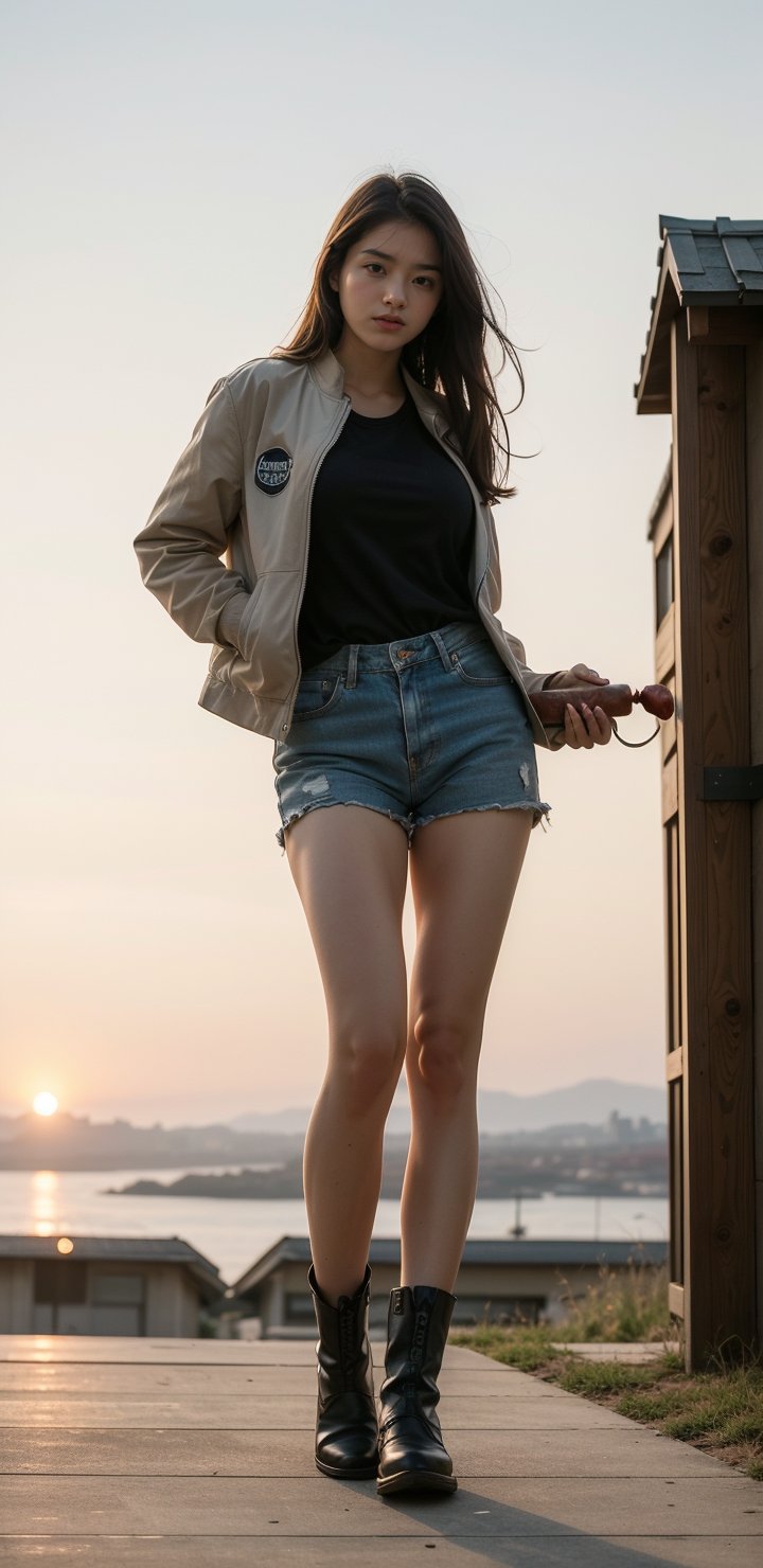 (masterpiece, top quality, best quality,1girls,Korean, beautiful face, smile, long hair, 19 years old, tank top, jacket, shorts, boots, hills, full body view, sunset, holding a sausage in her hand, freckles, perfect arms, perfect skin