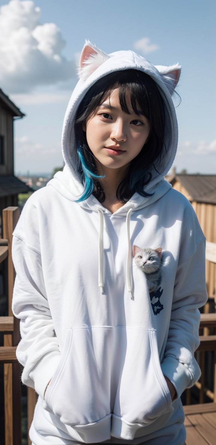 (masterpiece, best quality, highres:1.3), ultra resolution image, (1girl), (solo), kawaii, accessories, gleaming blue hair, (white kitty hoodie:1.5), cat themed, ears on hood, unique, (cute background:1.5), pastel shades, fluffy clouds, (relaxed atmosphere:1.3), soft, minimalistic style, (focus on character:1.4), adorable, dreamy, cat tower, magical, colorful, smile, happy