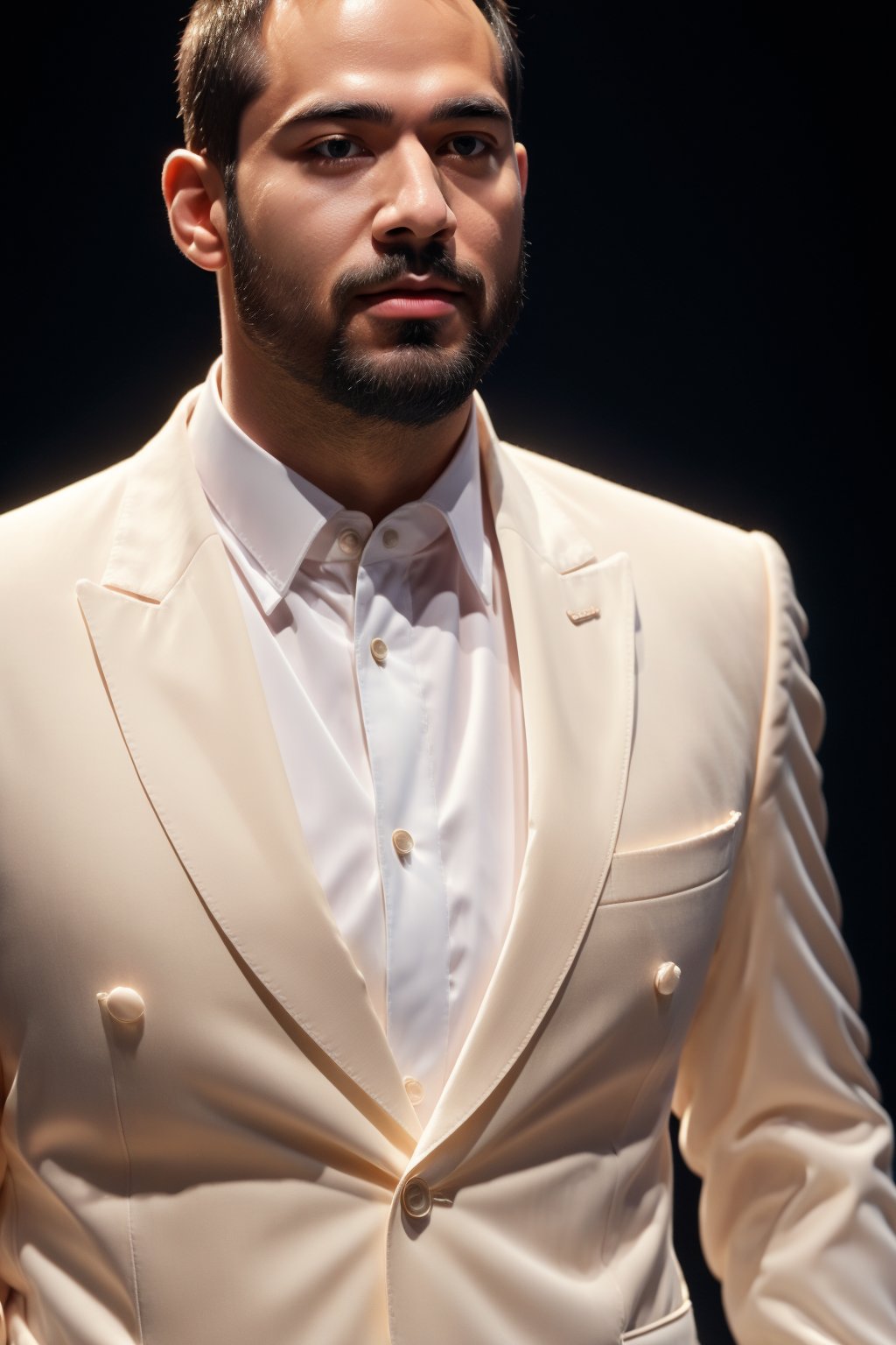 masterpiece, best quality, 8k, 1man, (front Photo), shiny skin, facial hair, walking on fashion show runway stage, wearing white sheer suit, highly detailed face and skin, realistic, mature, stubble, muscular, huge pecs, handsome, male focus, light particles, rim light, Use light to shine through clothes to reveal muscle contours, full body, skin color shows through the fabric of clothes,