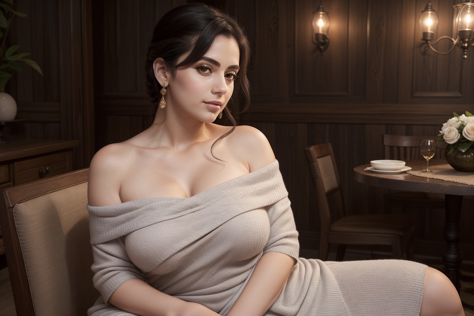  off-the-shoulder knit dress for curvy figures Plus Size woman, The setting should be a luxurious room and The atmosphere should radiate elegance, confidence, and timeless beauty, She is leaning on a wooden table with her left arm and looking directly at the camera,Saree,Extremely Realistic