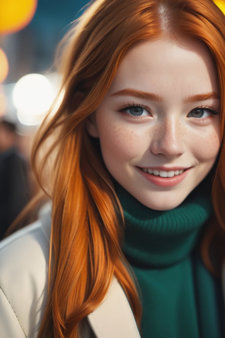 closed lips, cute smile, cinematic photo (art by Mathias Goeritz:0.9) , photograph, Lush Girlfriend, Tax collector, Rich ginger hair, Winter, tilt shift, Horror, specular lighting, film grain, Samsung Galaxy, F/5, (cinematic still:1.2), freckles . 35mm photograph, film, bokeh, professional, 4k, highly detailed ,1 girl,midjourney,yuzu, perfect, fingers,

,Extremely Realistic