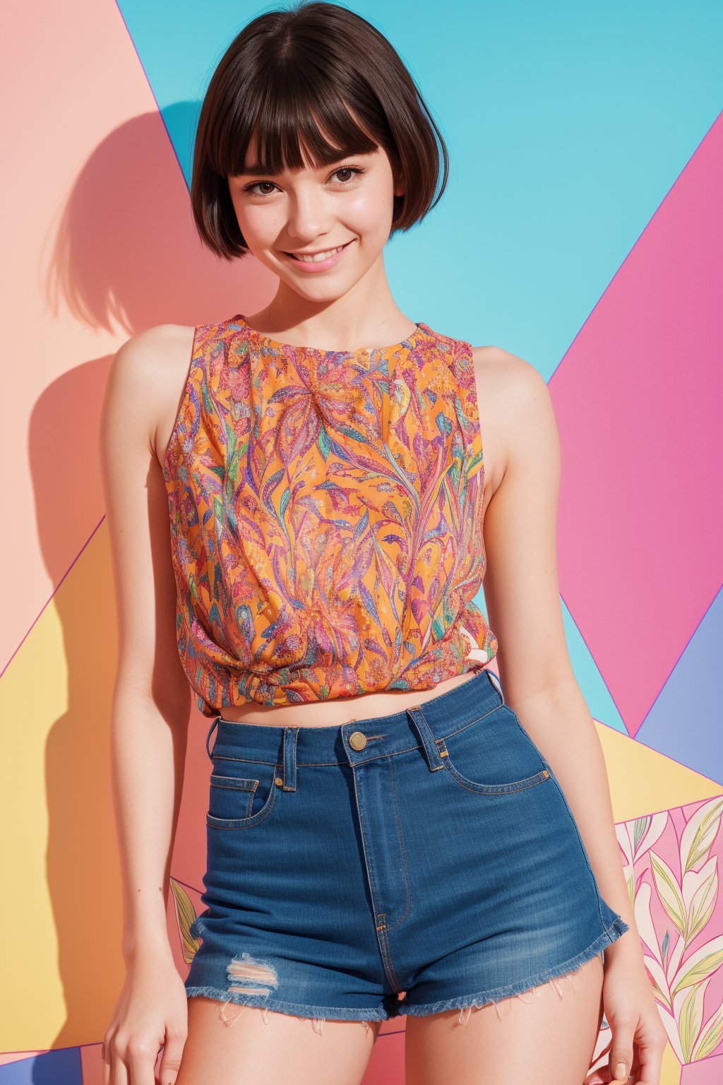 a flat lineart of a young beautiful woman leaning against colorful wall printed botanial patterns at pop-style Private Rooms,kind smile,bangs,messy short-bob,detailed realistic dark clothes,soft tone,only in four colors,a ncg,Illustration