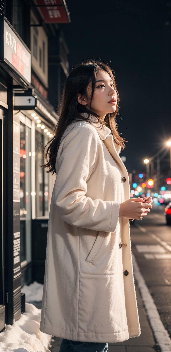 cute girl, long hair, fashion coat, pink winter coat, Jeans, standing looking up at the sky as snow is falling, winter city, cloudy, 4K, ultra HD, RAW photo, realistic, masterpiece, best quality, beautiful skin, white skin, 50mm, medium shot, outdoor, half body, photography, Portrait, ,chinatsumura, high fashion, snowflakes