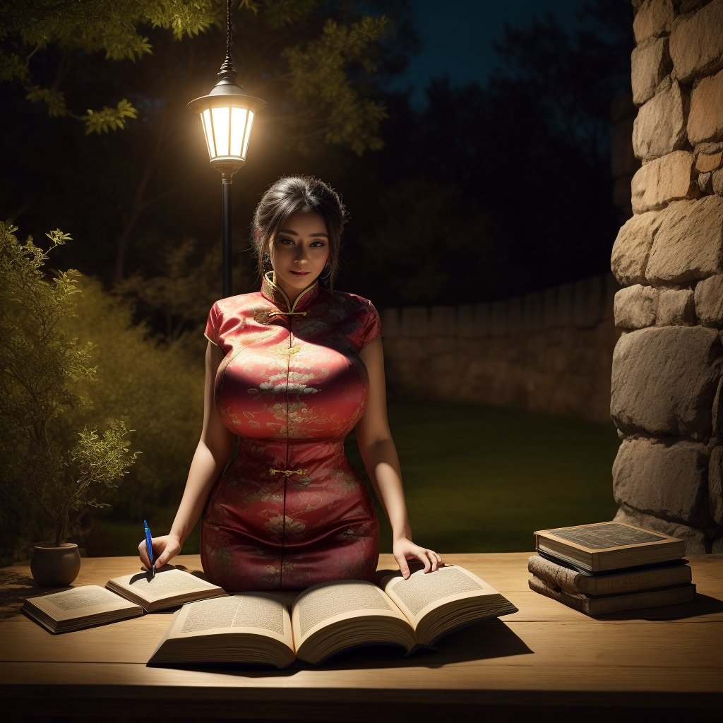 A photo of a beautiful girl in a traditional Chinese dress looking at the ancient Chinese book under the lamp on a low table in the garden surrounded by ancient walls on a peaceful evening,((His right holds a pen and his left hand places it on the table)),((master part)),Realistic,4k,extremamente detalhado,((lindos olhos grandes))