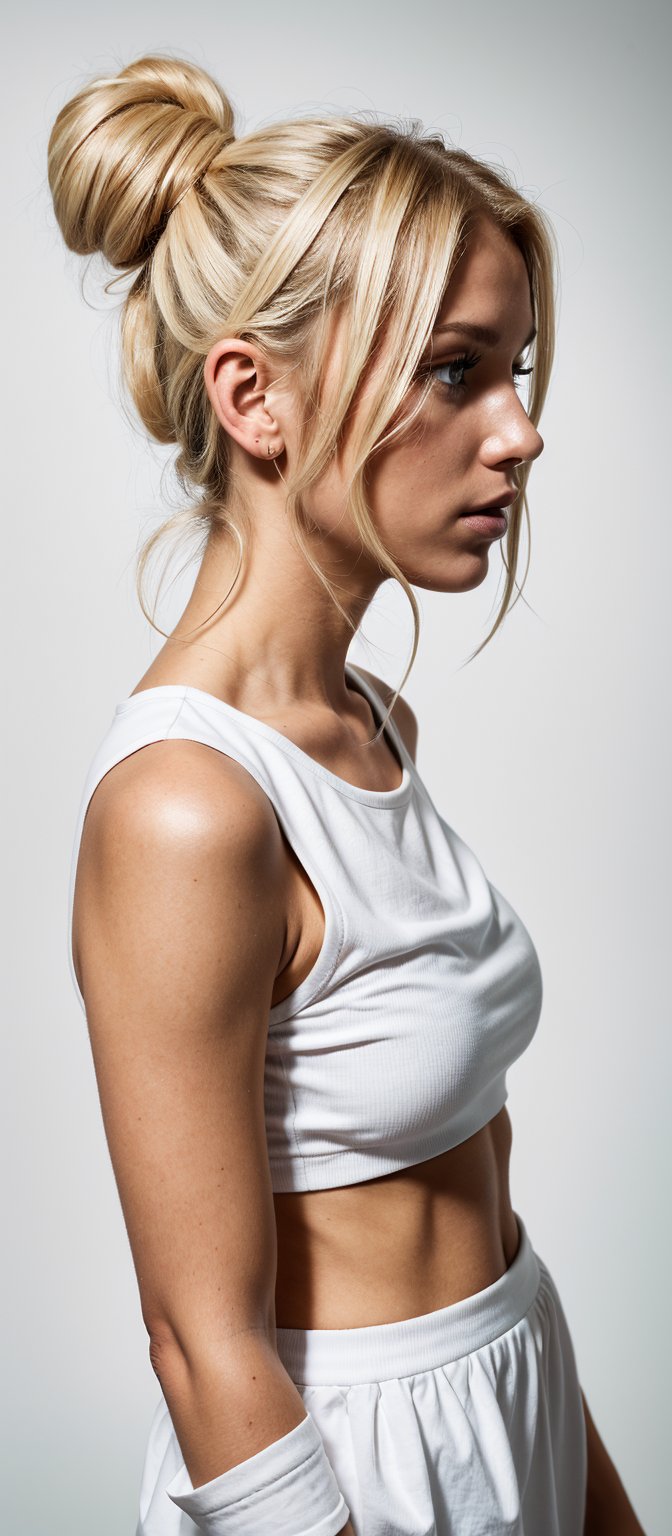 Create an image of a side view of an individual with blonde hair tied up, wearing a white top against a dark background. The face should be obscured by an abstract element for artistic effect.