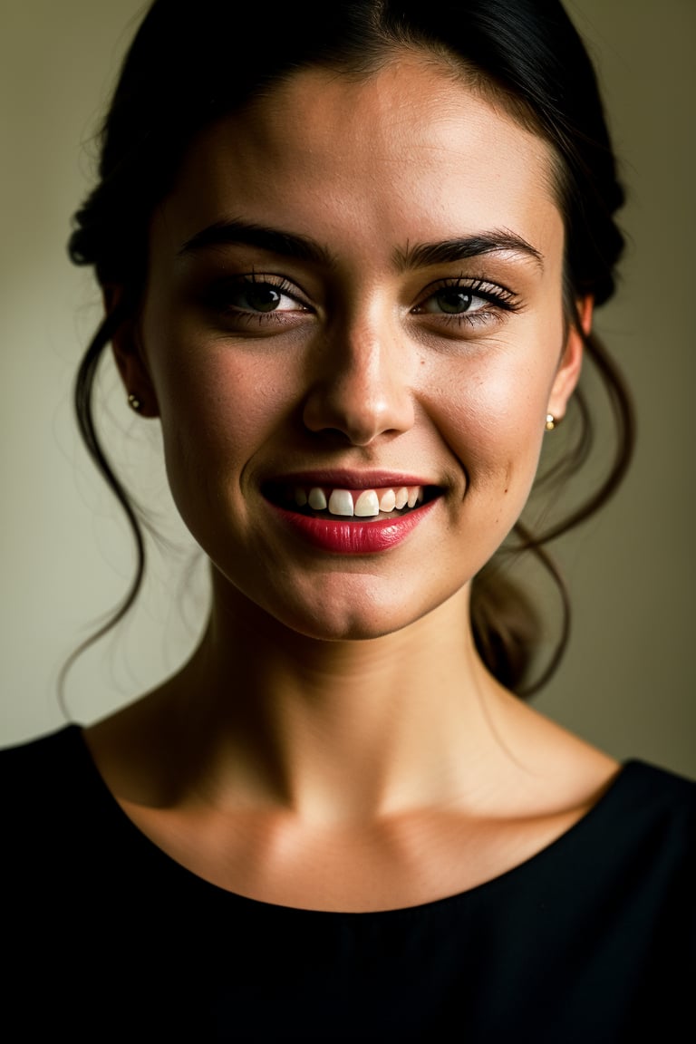 RAW photo, face portrait photo of beautiful 26 y.o woman, cute face, wearing black dress, happy face, hard shadows, cinematic shot, dramatic lighting, (masterpiece,best quality:1.5)