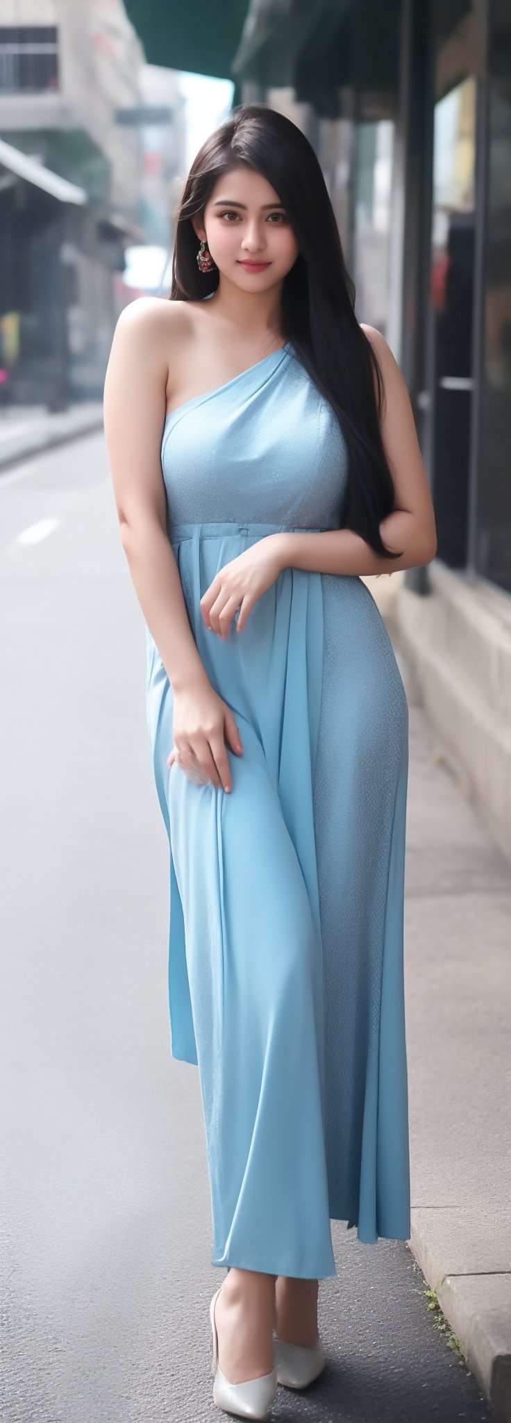 lovely  cute  young  attractive  indian  teenage  girl  in  a  pretty foreign dress,  23  years  old  ,  cute  ,  an  Instagram  model  ,  long  blue_hair  ,  winter  ,  on the road  .  ,  „  Indian 