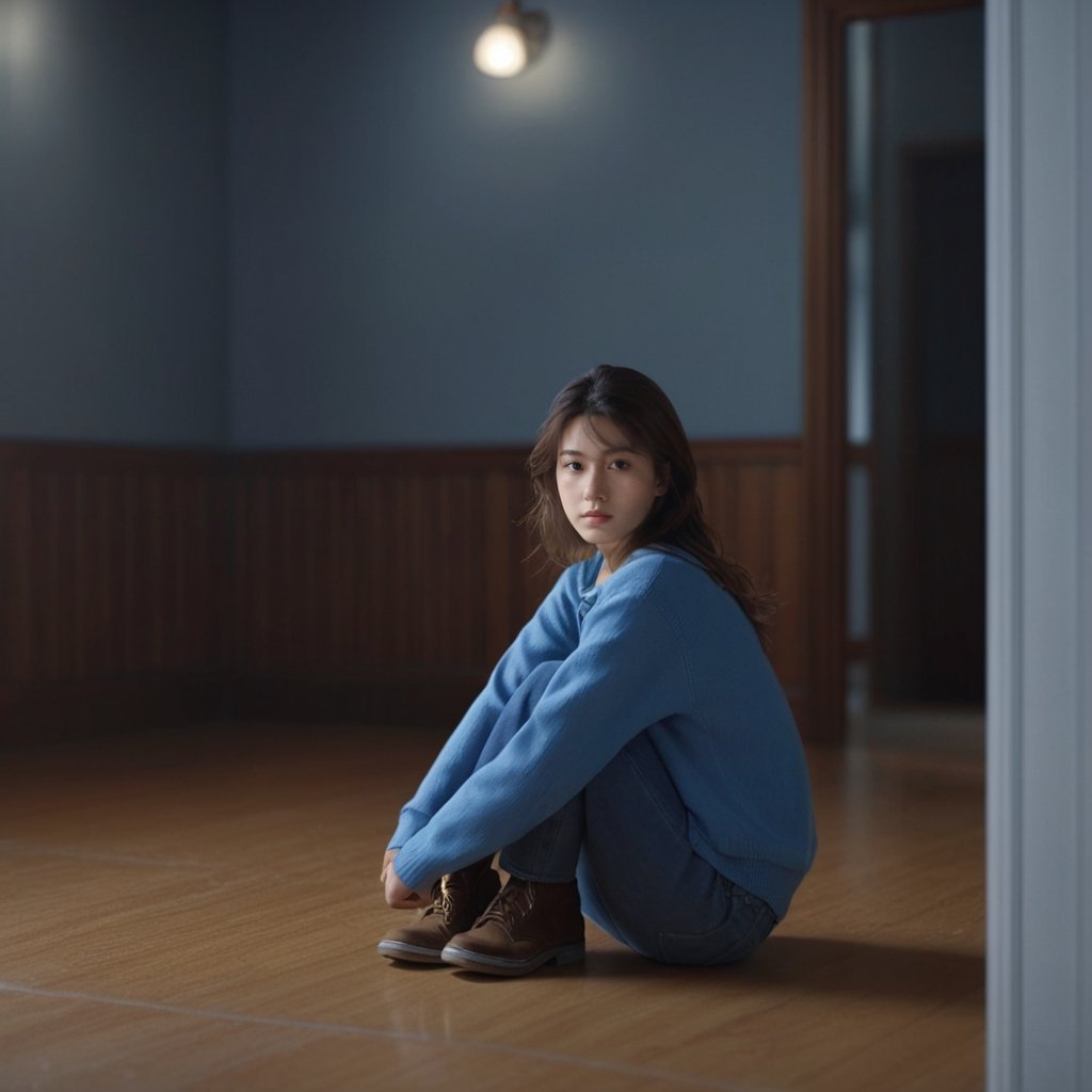 best quality:1.2,8K,photo,photorealistic,extreme details,lora:girl_07:0.6,a girl sat in the middle of an empty and dim room,looking at viewer,