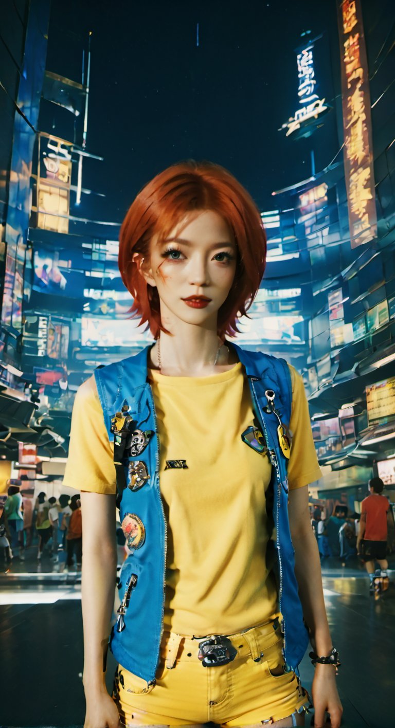 masterliece, high quality, high_res, 8K, 
sci_fi setting, cosmo opera, beautiful  ginger woman as cosmo pirate in punk style, green t_shirt, yellow vest, denim shorts, boots. space ship background, fusion intricate style from Cowboy Bibop anime and pretentious atmosphere from Mass Effect videogame, detailed background, sharp focus, contrast lighting, detailed eyes