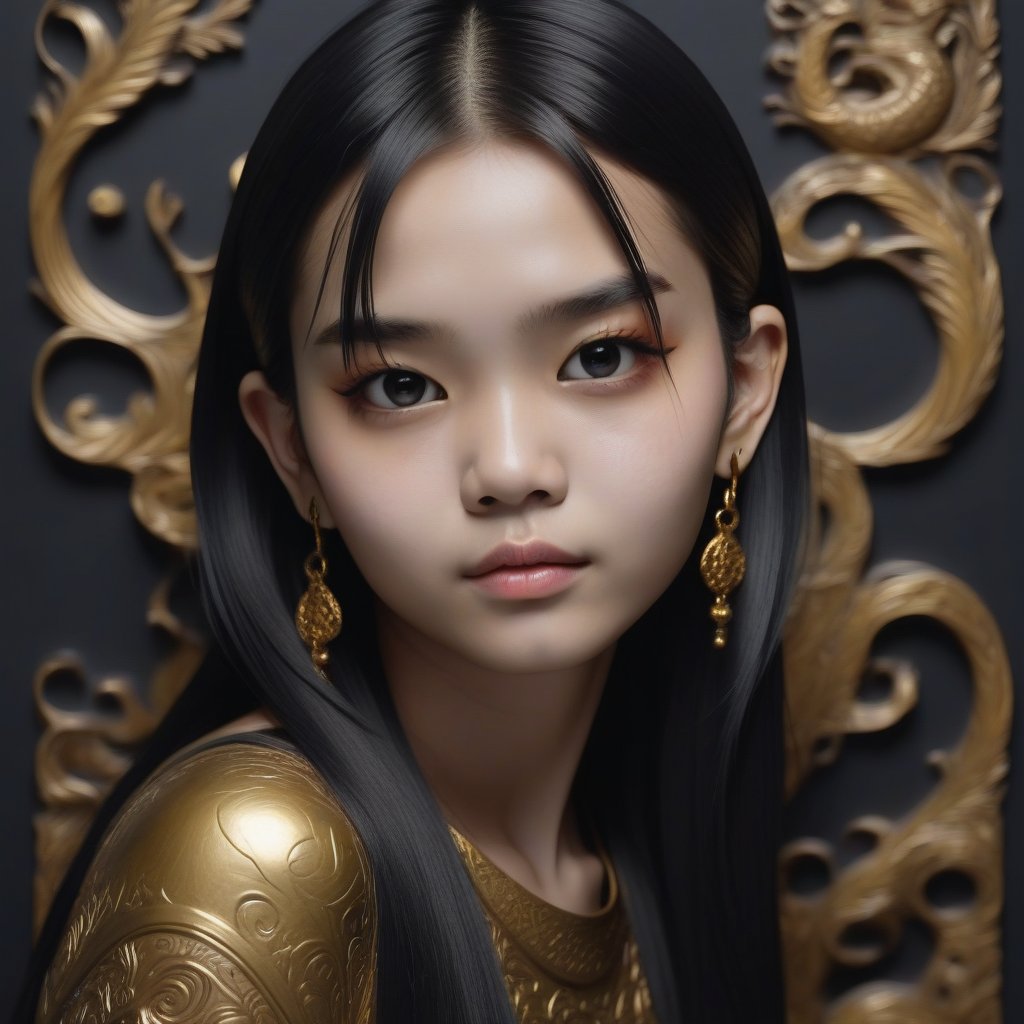 masterpiece, high quality photo, cool tone, (black simple background), colorful cute-girl carved on gold, (wide shot), unpleasant look, drtailed face,INK,ink