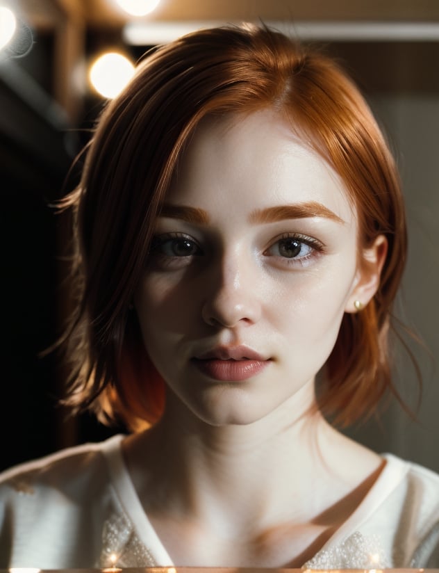 RAW uhd closeup portrait photo, casual clothes, intricate details, shallow depth of field, ginger hair, she is teasing the viewer, cinematic lighting, happy, (beautiful detailed glow)
