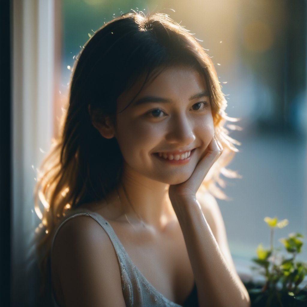 embarrassed, detailed beautiful face, (beside window:1.2), girls, dating in a cafe, cinematic light, smile, sunlight from the window, light aura, bokeh,