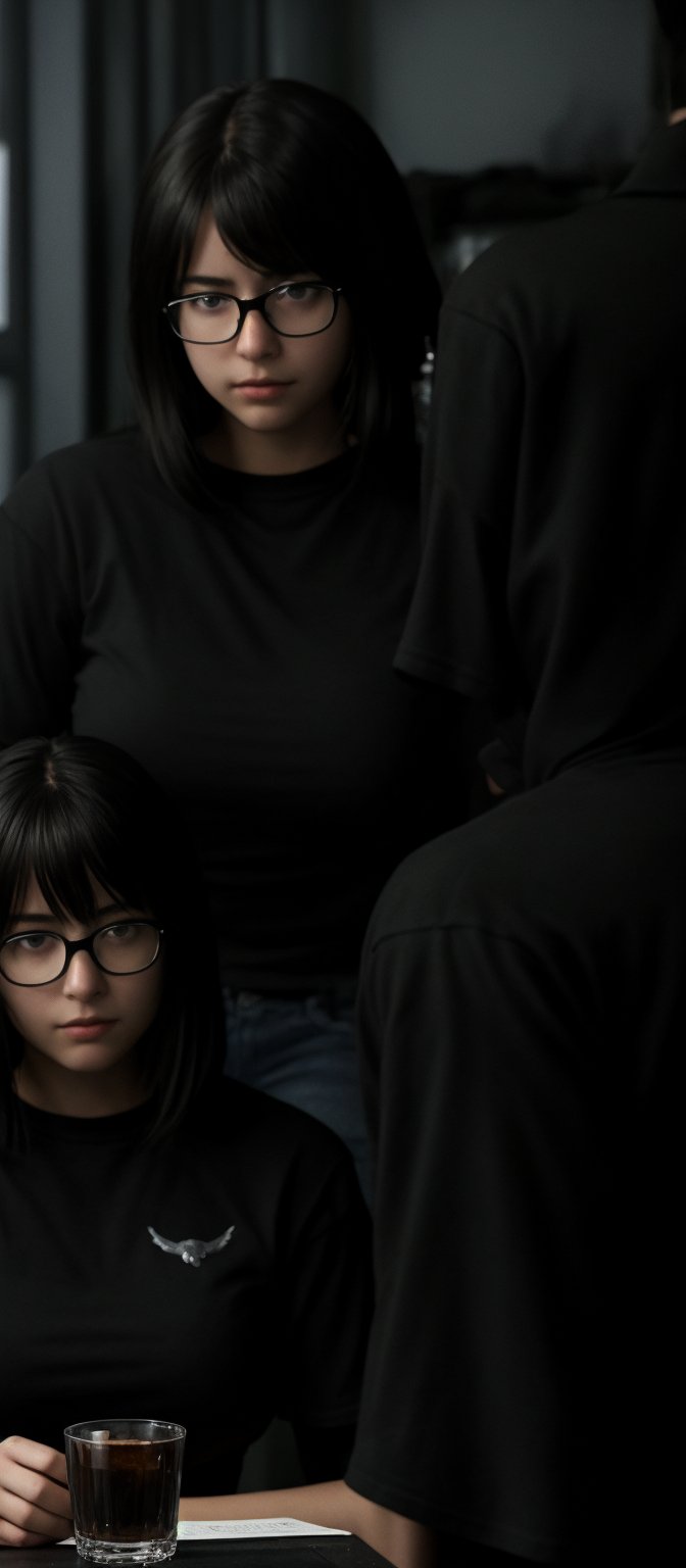 1girl, solo, looking at viewer, short hair, shirt, black hair, holding, sitting, short sleeves, glasses, indoors, black eyes, cup, lips, gun, black shirt, table, drinking glass, realistic