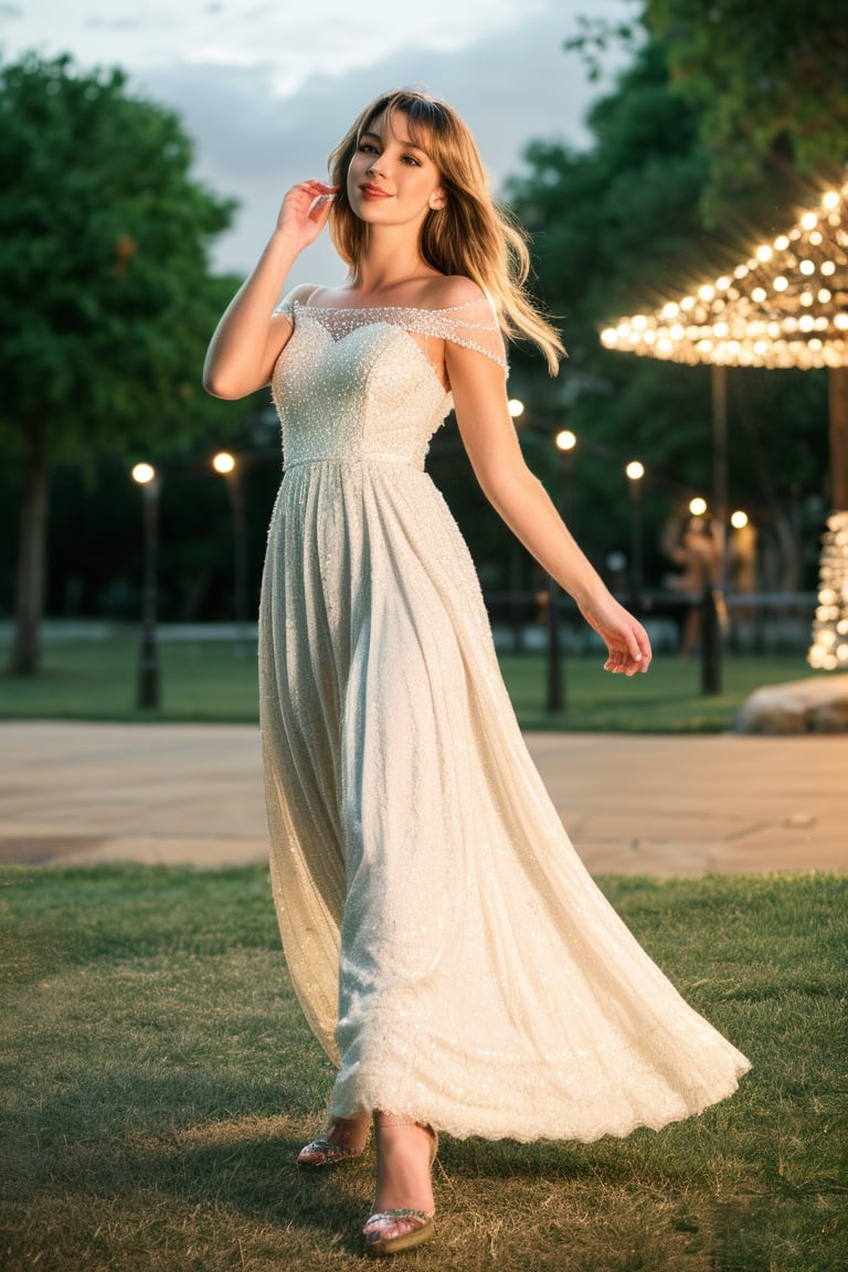 1girl, beautiful young woman, blonde, happy, (dressed in a white long dress made of crystals of delicate and sparkling colors), night, park, realistic