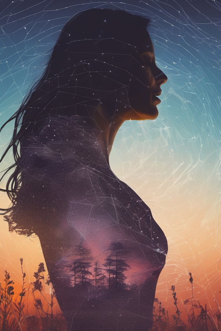 A close up fantastic image of a woman's outline containing the entire galaxy inside of her, as she stands in a field in summer at sunset, a soft aura surrounding her
