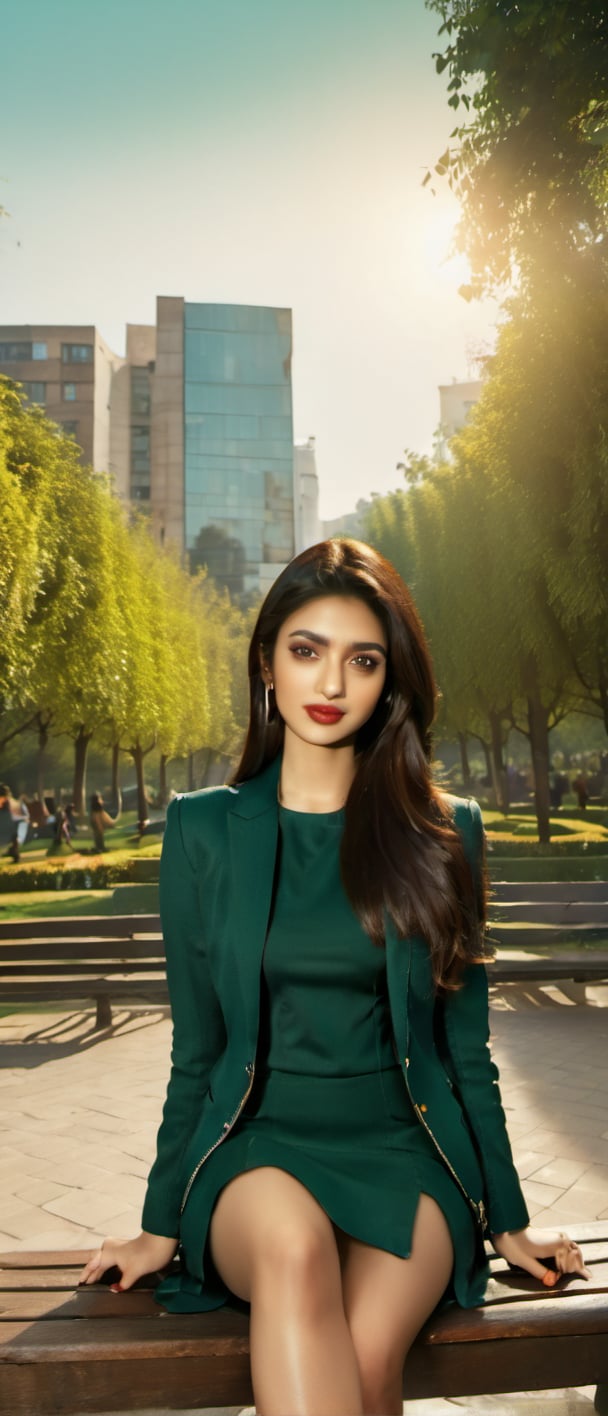 A sexy 25 years old girl,  has the face of an Indian actress,  her skin is fair. Very long hair,  Looking behind,  ,  Her dress((t-shirt,  jacket,  long dark green skirt)). a sunny day in garden. The surroundings are park. build realistic,  soft light,  detailed face,  concept art,  looking at camera,  masterpiece,  xxmixgirl,  photorealistic,  sitting on a bench,  wearing high heels,  holding an iphone