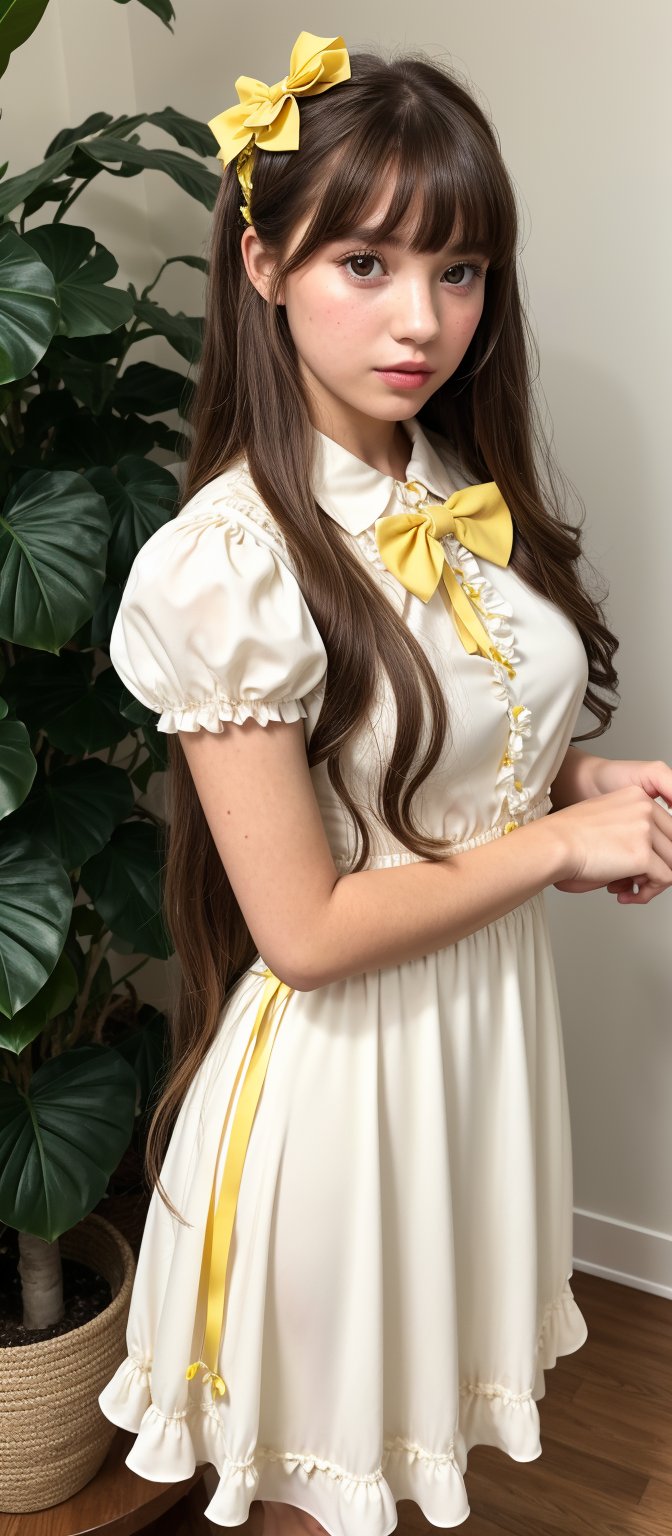 1girl, solo, long hair, looking at viewer, bangs, brown hair, shirt, hair ornament, dress, bow, holding, brown eyes, upper body, flower, frills, parted lips, indoors, bowtie, lips, book, plant, white flower, yellow bow