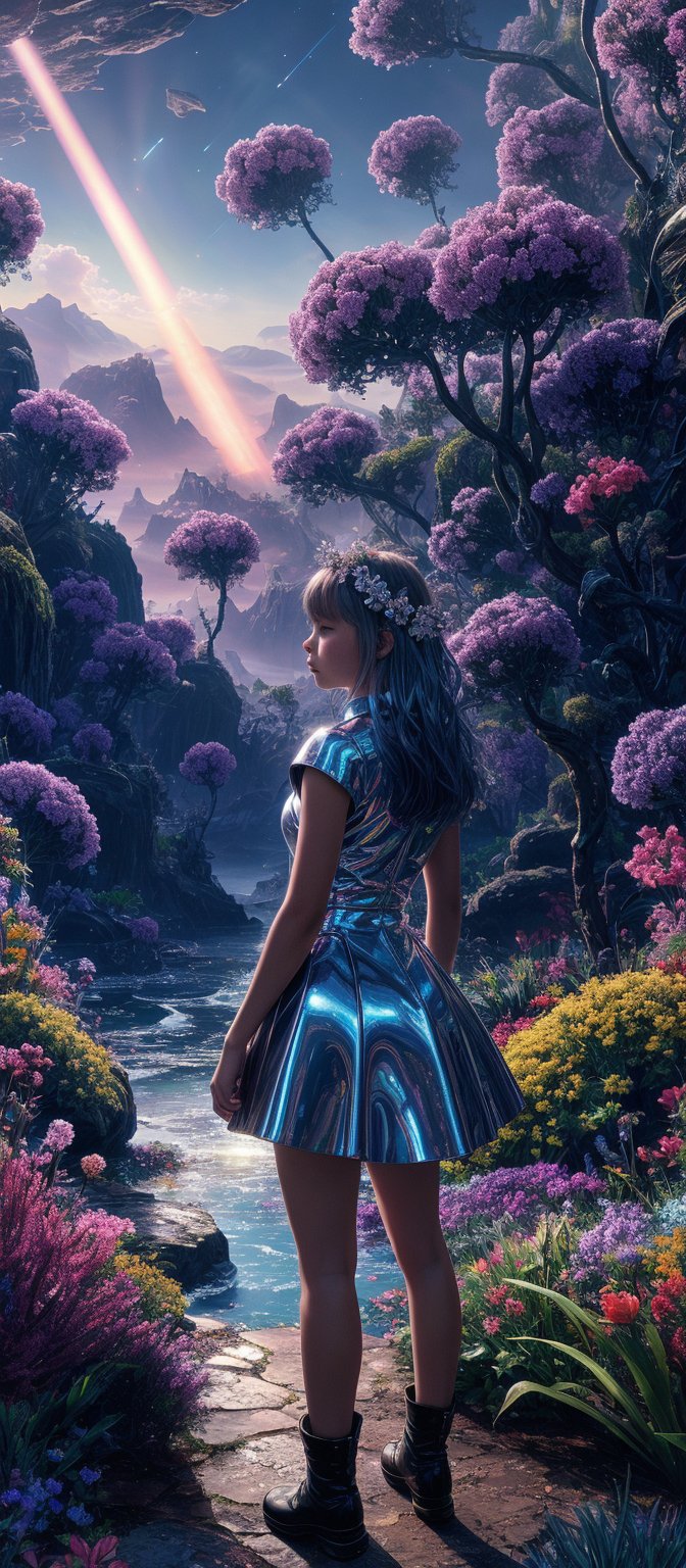 "painting, ultra high definition, girl with chrome flowers in her hair, standing on an alien planet, sunbeams highlighting the metallic petals, fantasy environment, vibrant hues, detailed flora, expansive alien sky, dreamlike quality, immersive scenery"