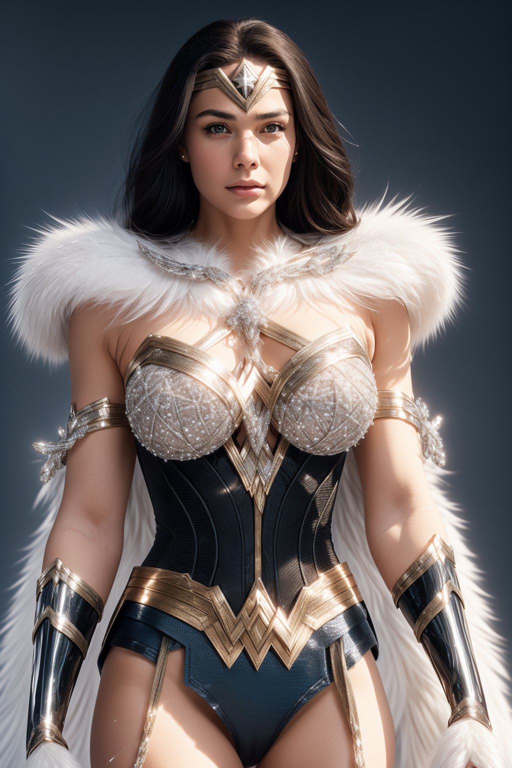 (wonderwoman,goddess),Black and white entanglement,crystal and silver entanglement.High Detail,masterpiece,best quality,more detail,Hyper Quality,detailed,more detail,Texture-rich,Delicate texture,(white tones:1.3),(complex fur structure:1.5),busty